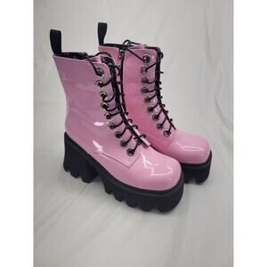 LA MODA Platform Combat Boots Goth Lace Up Side Zip Pink Patent Leather Size 7